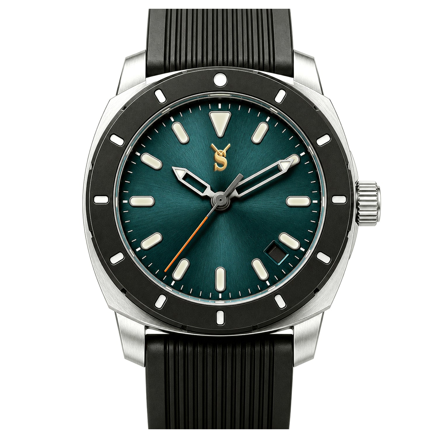 Watch with green dial and black strap on white background