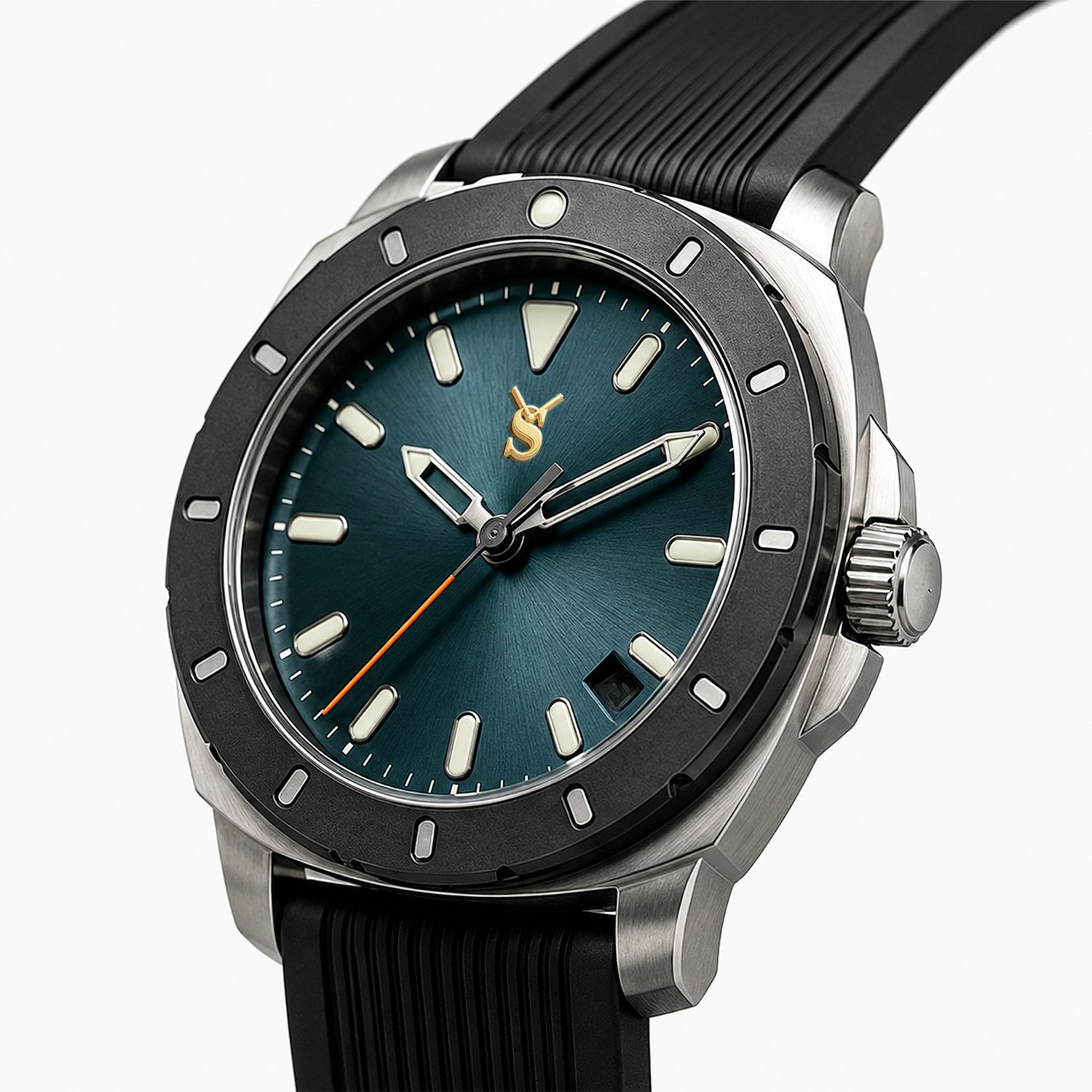 Watch with a black strap and blue dial on a white background