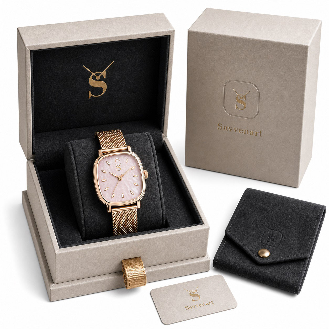 Gold watch in a Savvenart box with a matching pouch and card on a white background