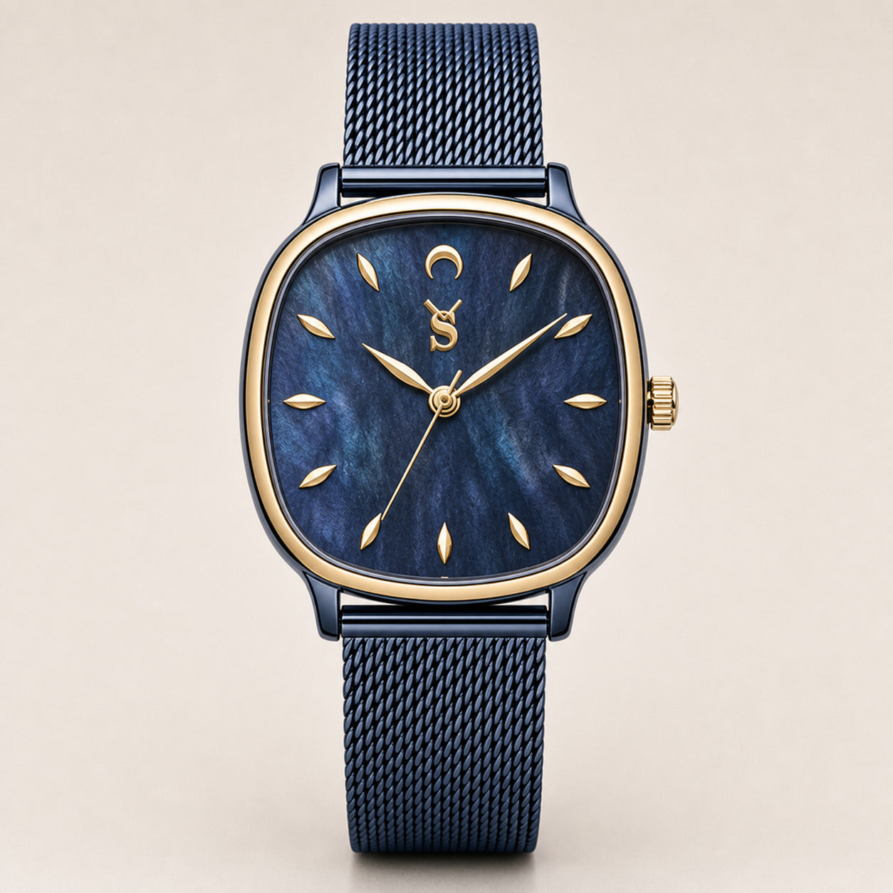 Blue watch with gold accents on a beige background