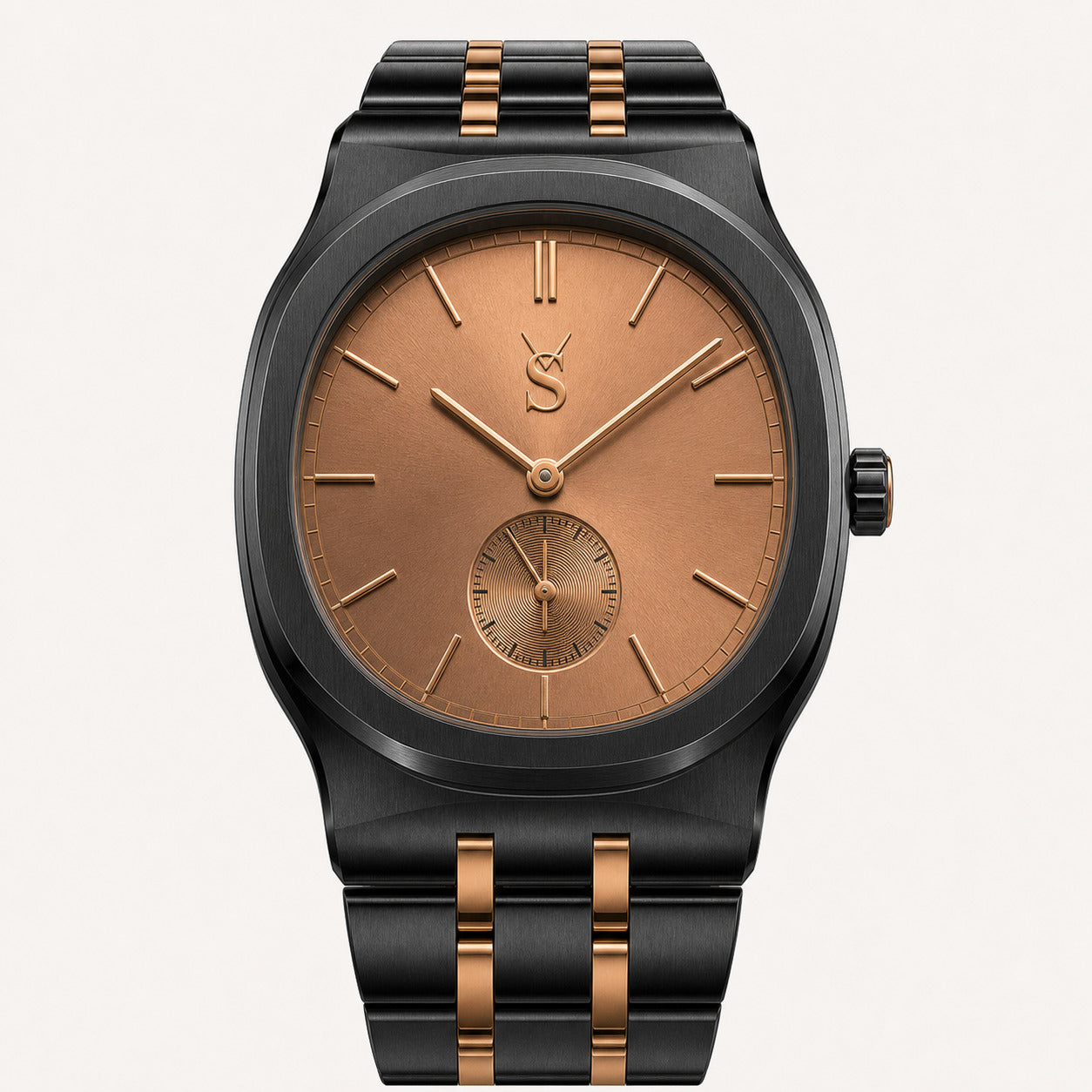 Luxury watch with black and rose gold design on a white background