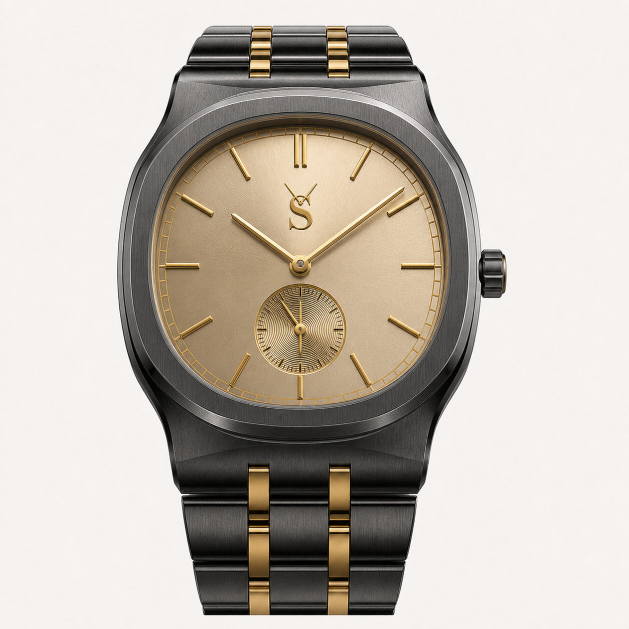 Luxury watch with black and gold strap on a light gray background