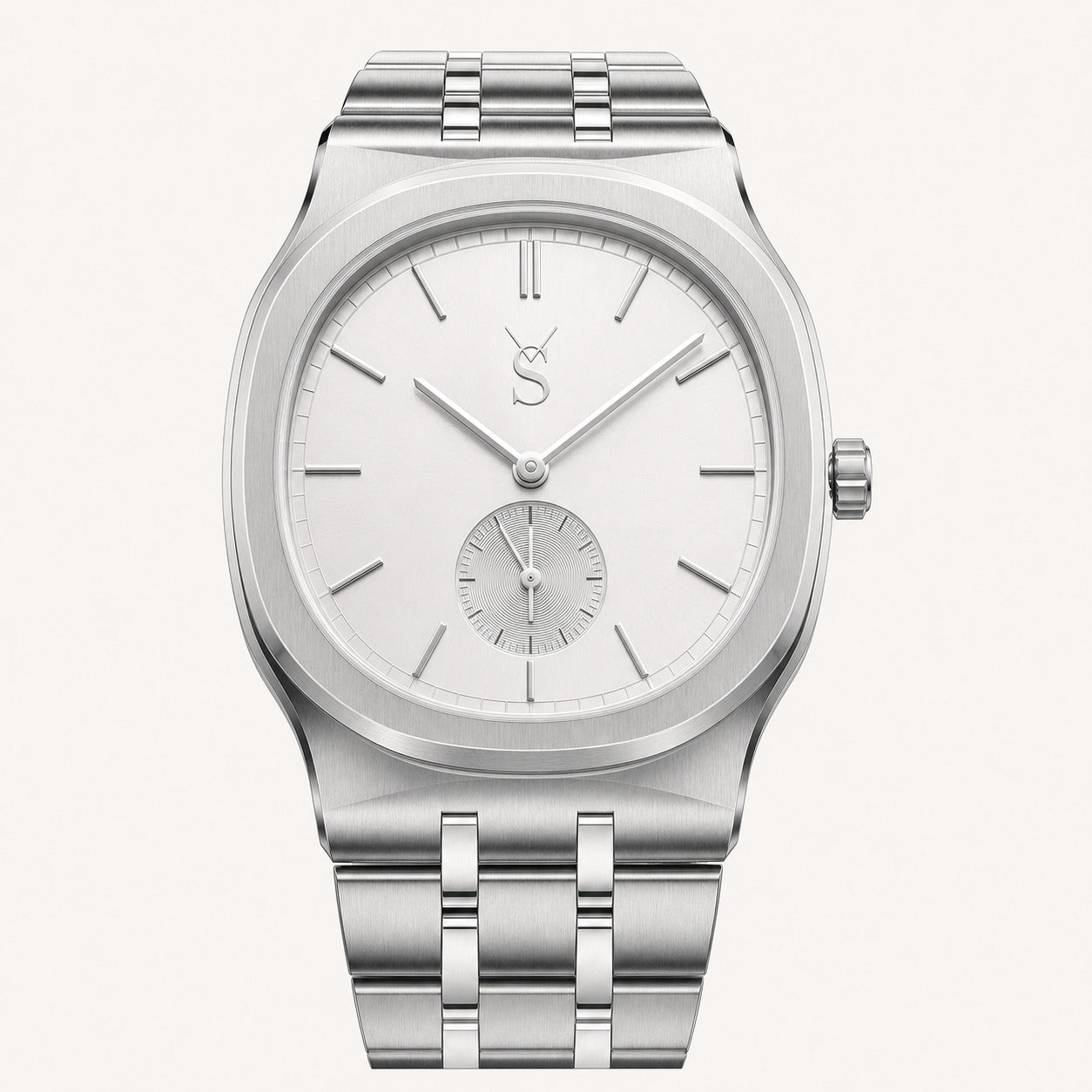 Silver watch with a white face on a light gray background