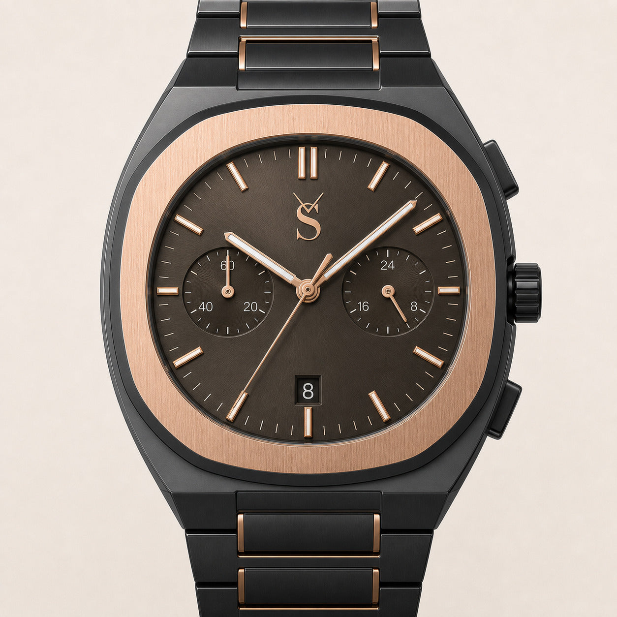 Luxury watch with black and rose gold design on a beige background