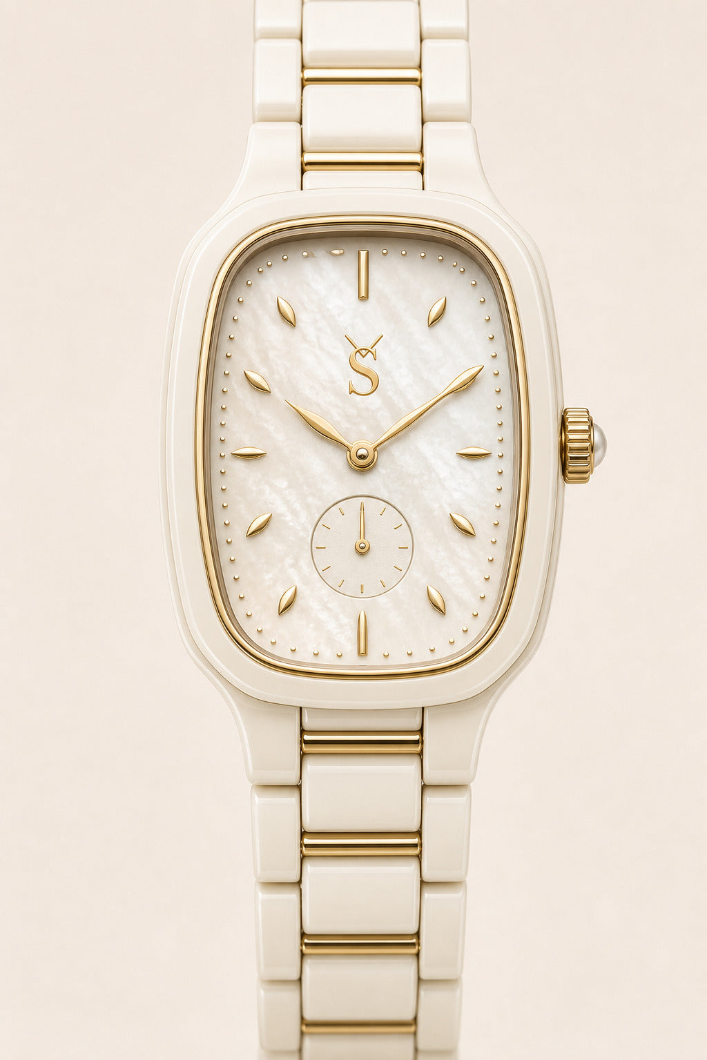 Gold watch with a detailed face on a light beige background