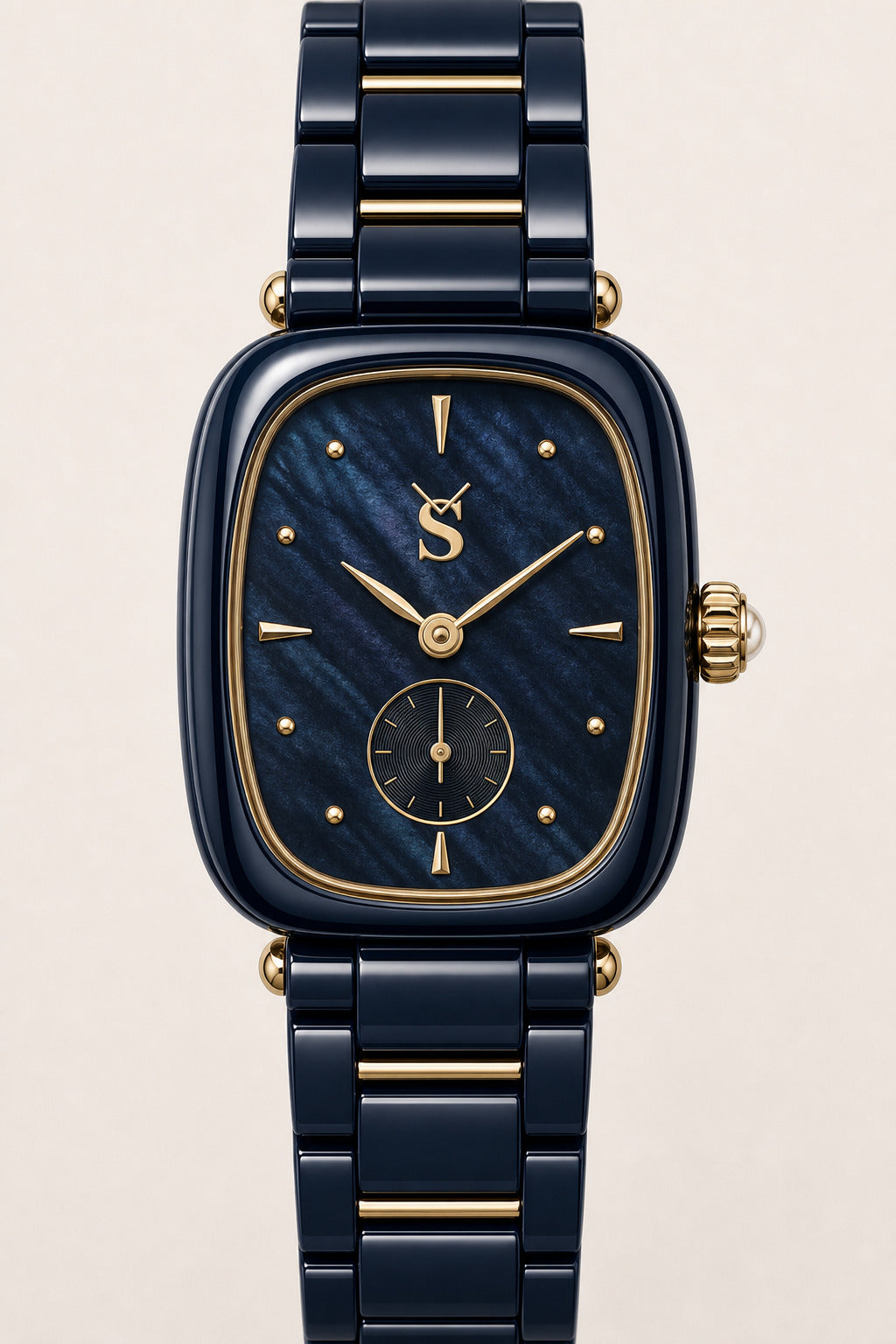 Blue and gold watch with a beige background