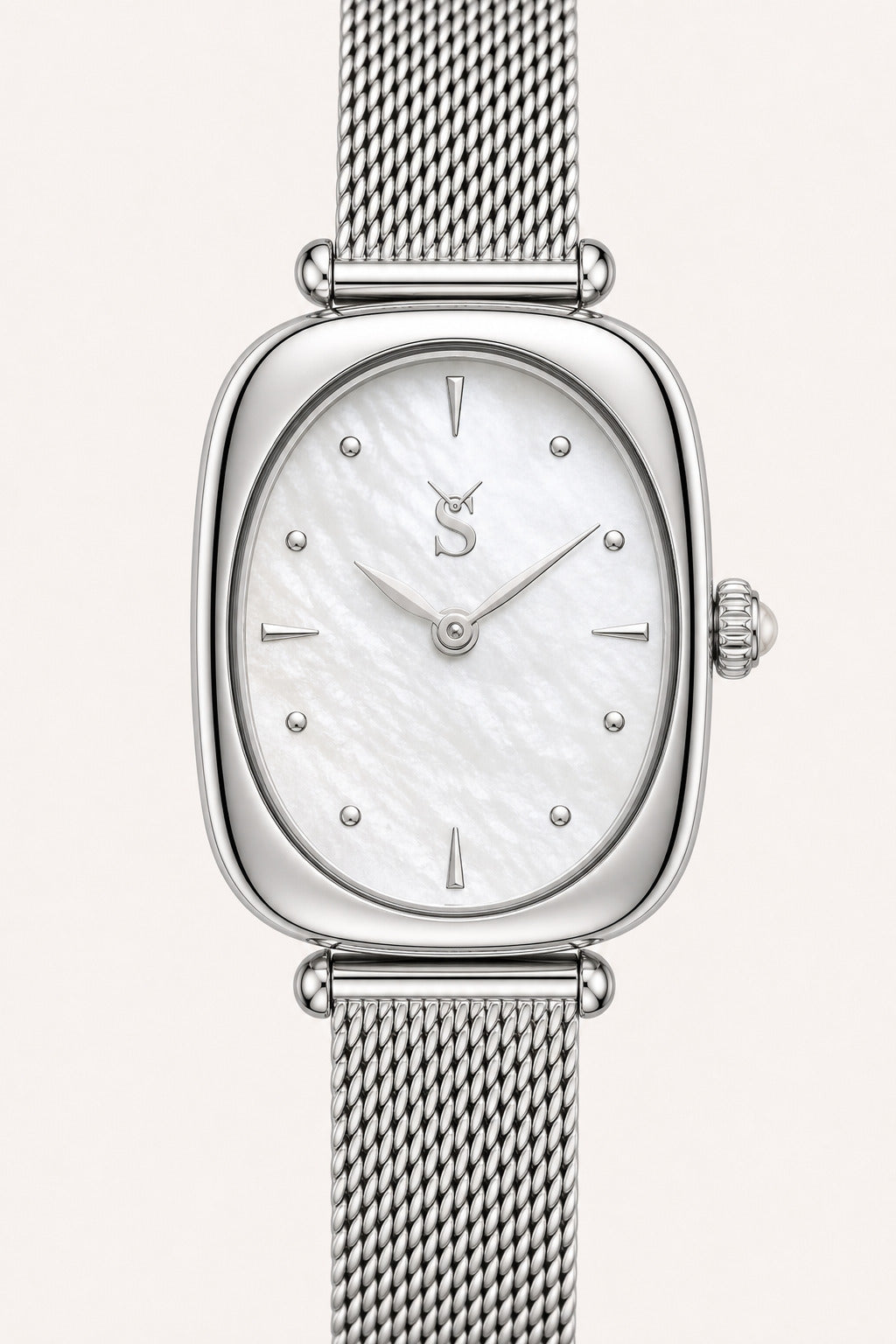 Silver watch with a mesh band on a white background