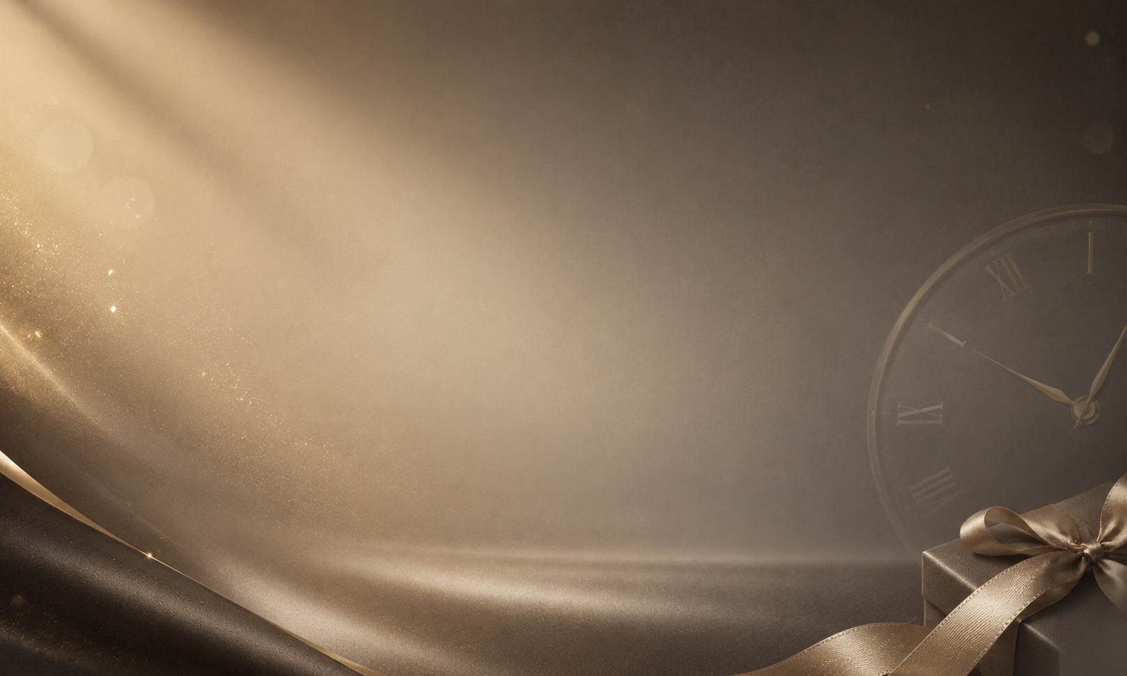 Dark luxury aesthetic background featuring a golden spotlight, a classic Roman numeral clock dial, and a premium wrapped gift box. Savwatch exclusive timepieces and gifting campaign banner