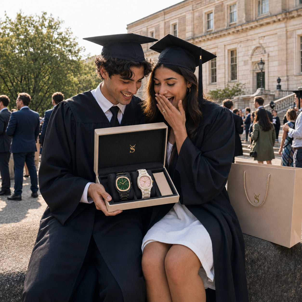 Happy couple in graduation gowns unboxing the Savwatch graduation couple watch gift set on campus. The premium luxury box features a men's black and green watch and a women's white and pink watch