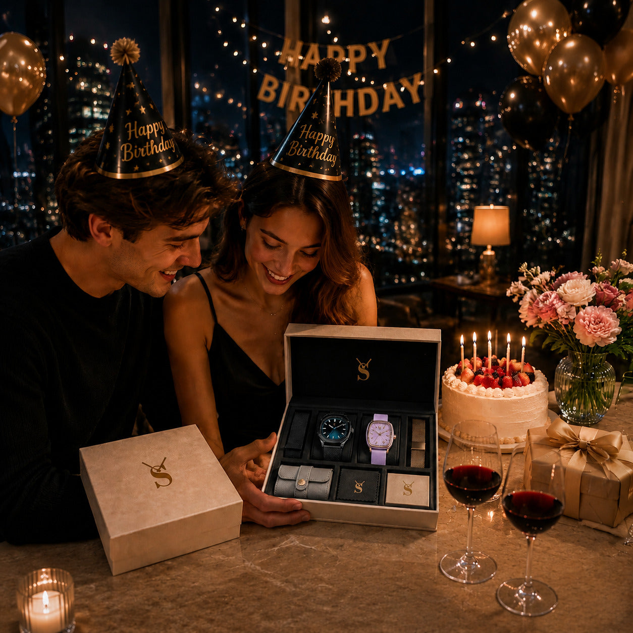 Romantic couple celebrating a birthday by unboxing the Savwatch ultimate couple watch gift set. The premium box features a men's blue dial watch, a women's purple vintage oval watch, and extra interchangeable straps