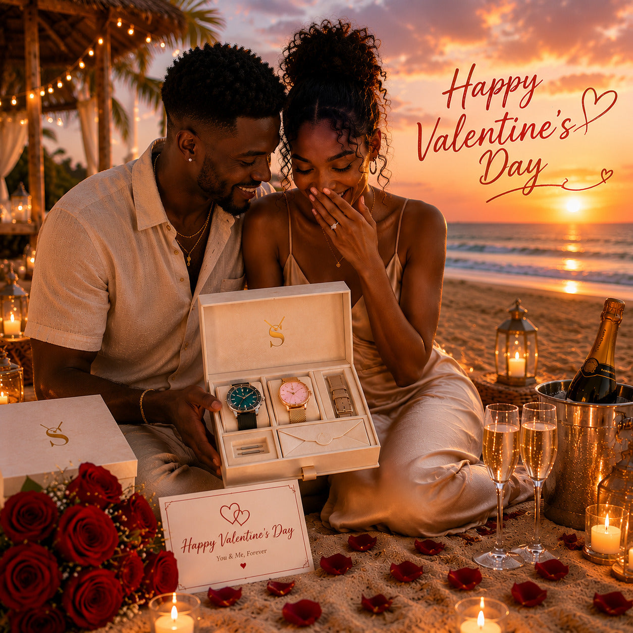 Happy Valentine's Day banner featuring a romantic couple unboxing the Savwatch ultimate couple watch gift set on a beach at sunset. The luxury box displays a men's green dial watch, a women's pink dial watch, and an extra strap