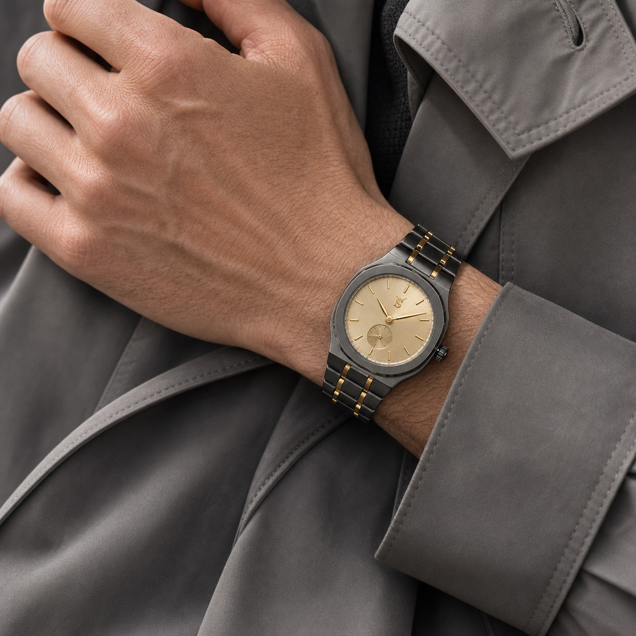 A man in a casual grey trench coat wearing the Savwatch gunmetal and gold watch, showcasing the perfect smart-casual everyday style