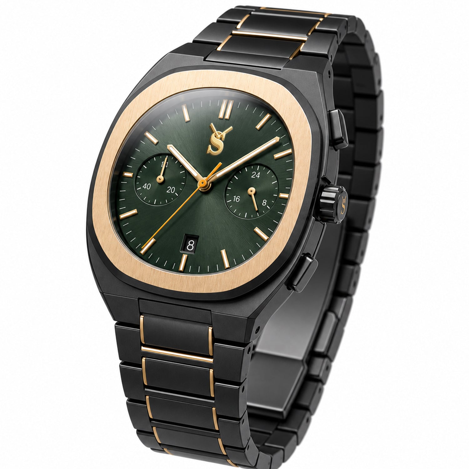 Luxury watch with black and gold band on a white background