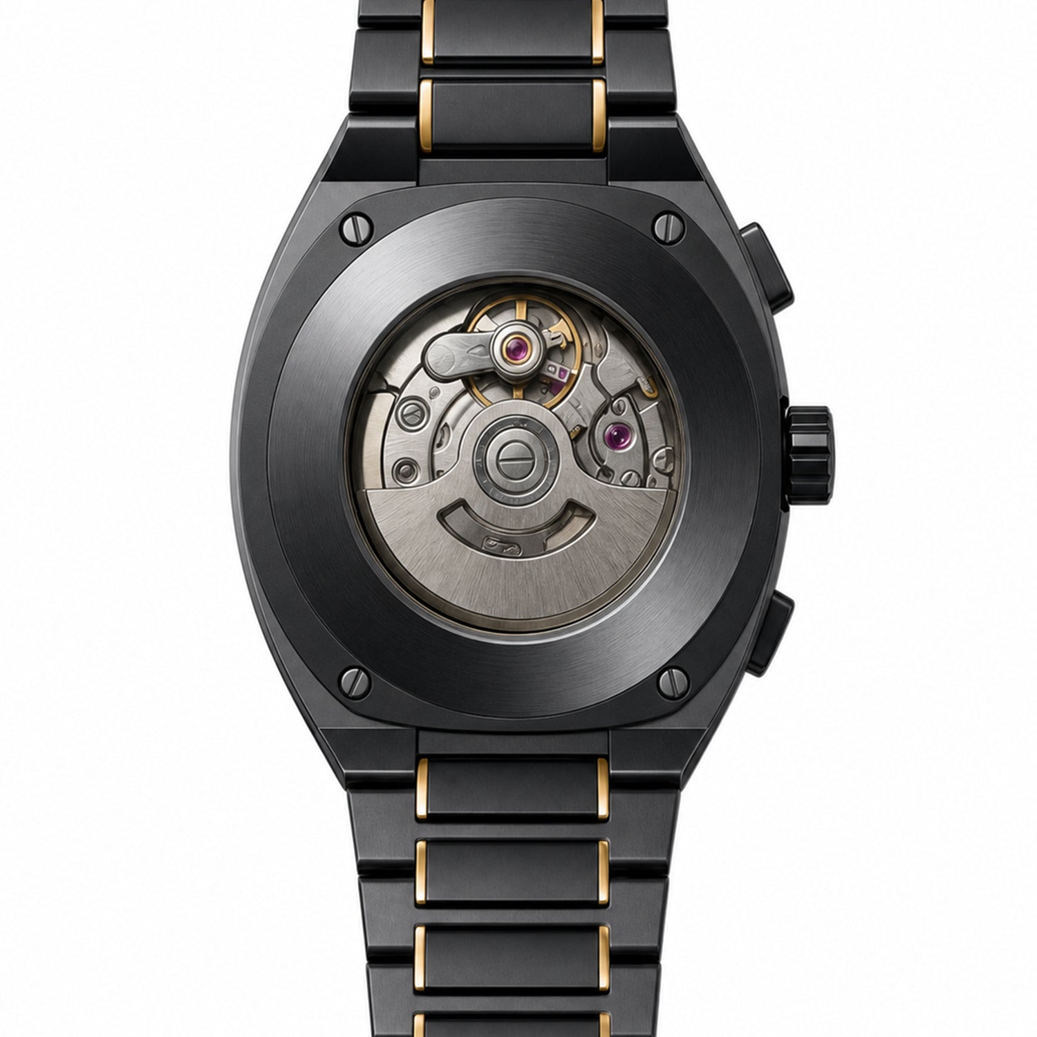 Black watch with mechanical components on a white background