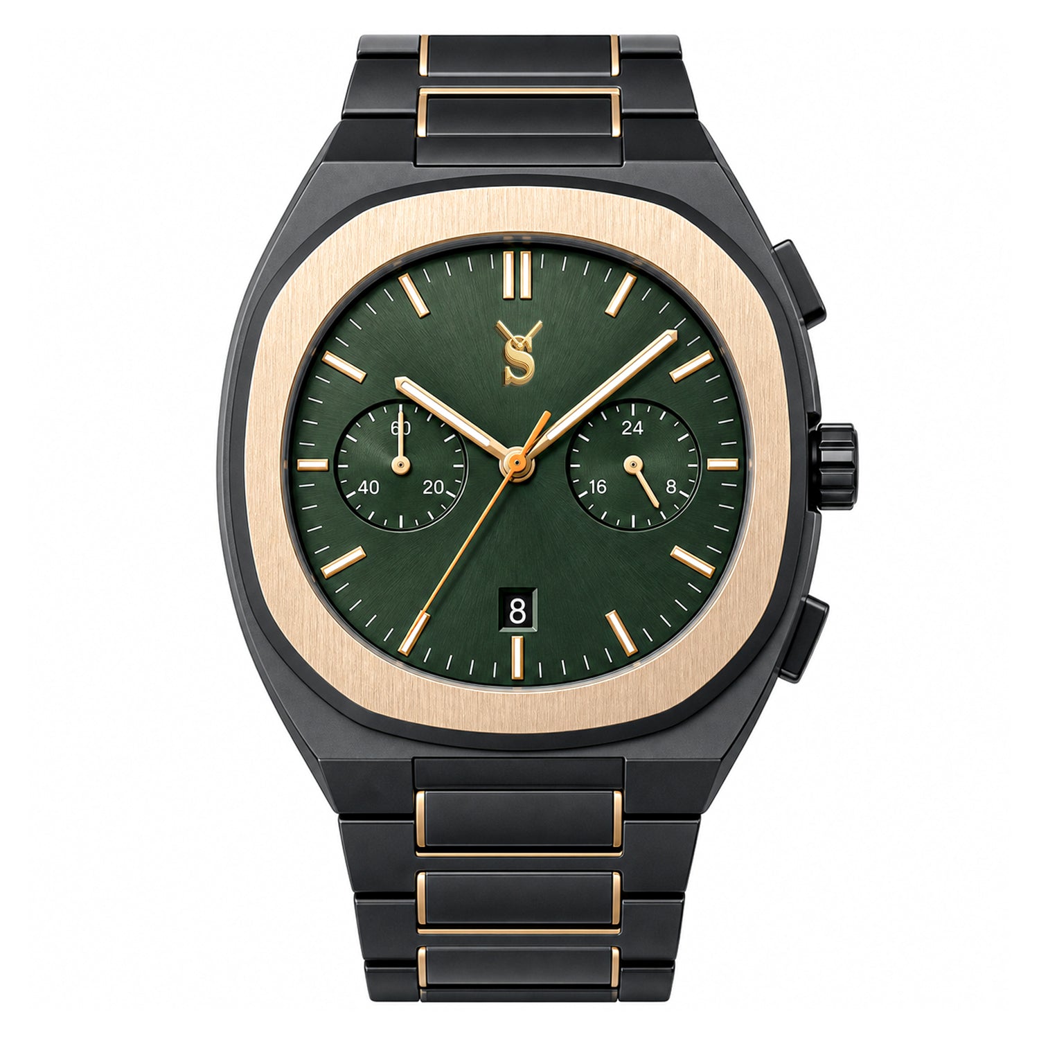 Wristwatch with green dial and black and gold band on white background