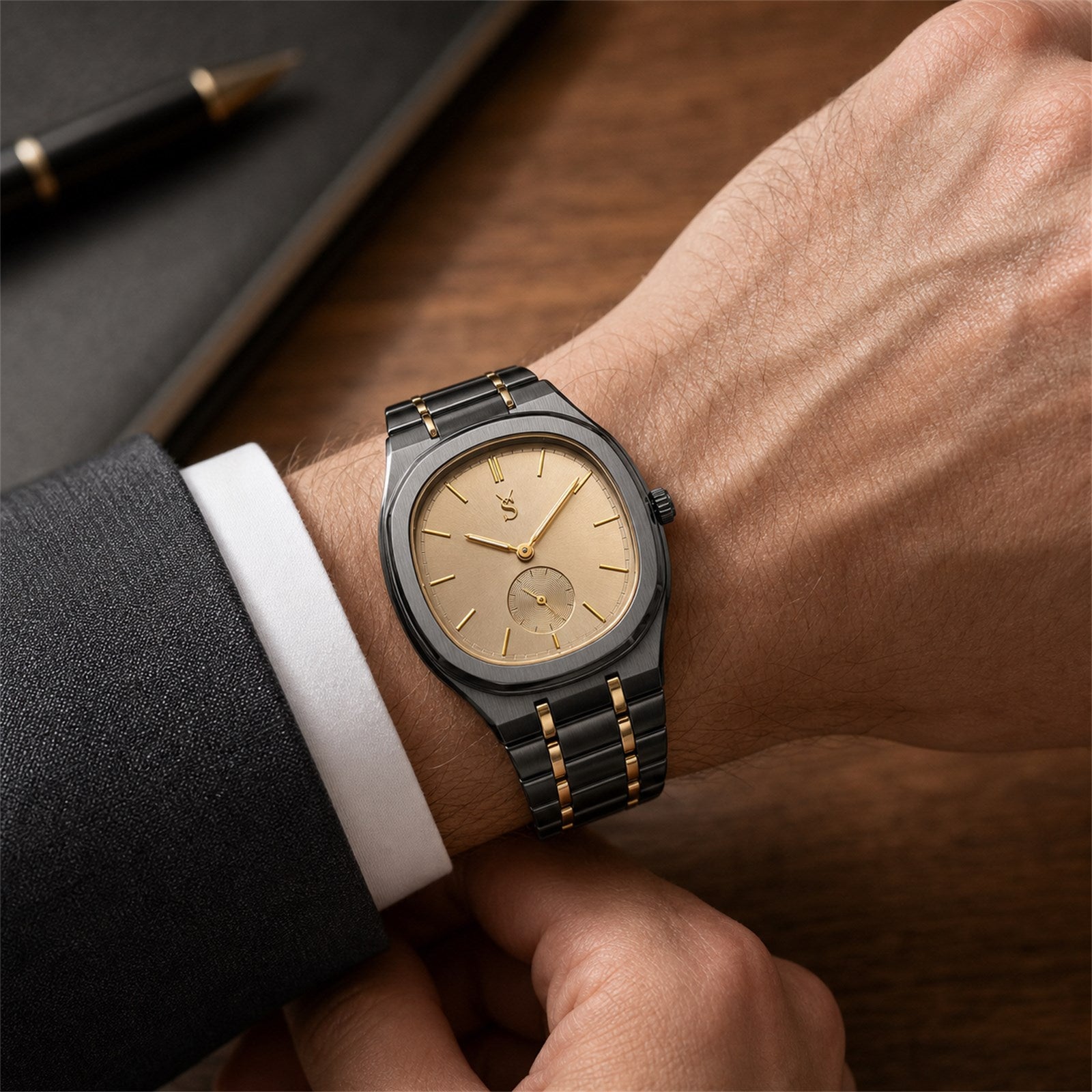Close up of a businessman wearing the Savwatch elegant men's wristwatch, resting his arm on a wooden desk
