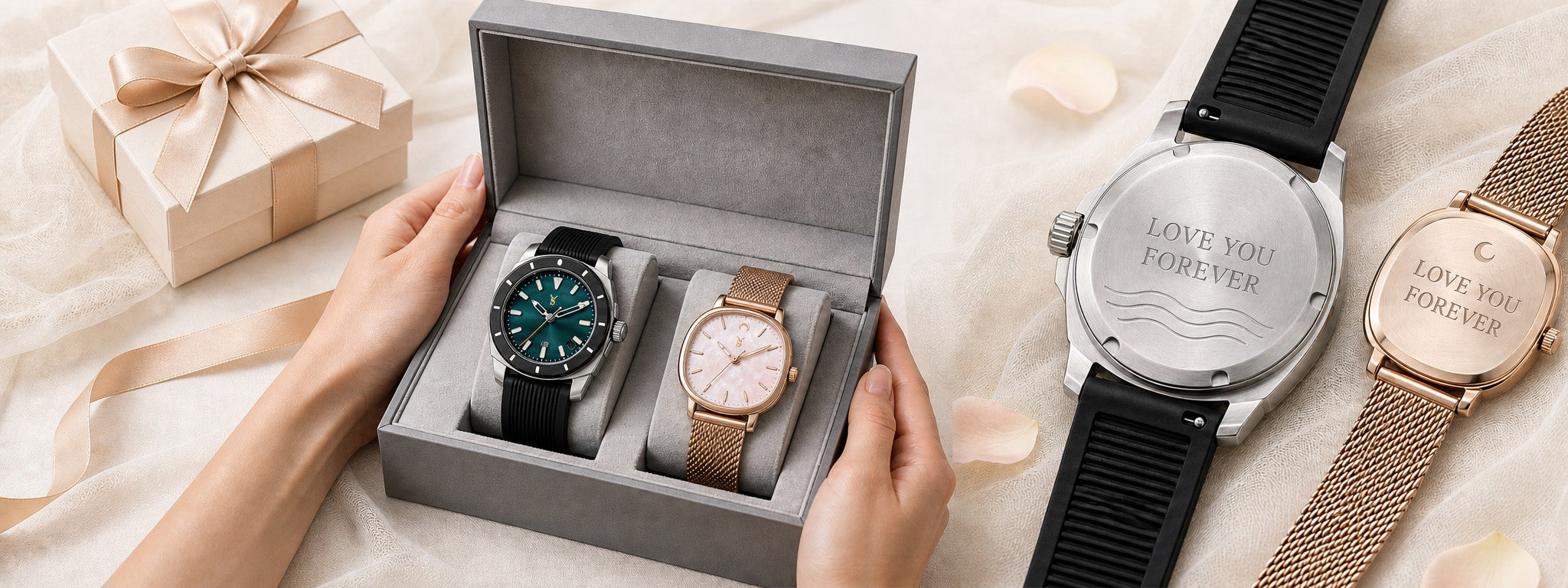 Savwatch official PC banner showing a wide panorama of hands opening a premium double watch box alongside custom engraved case backs with 'LOVE YOU FOREVER'