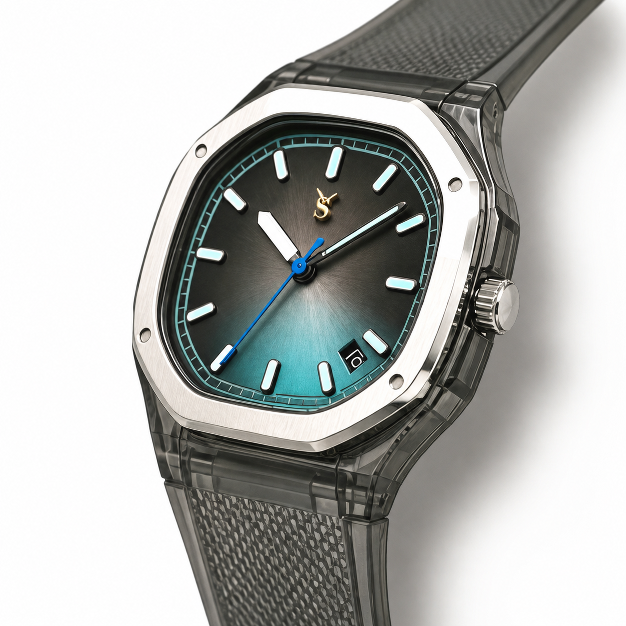 Luxury watch with a black strap and blue gradient dial on a white background