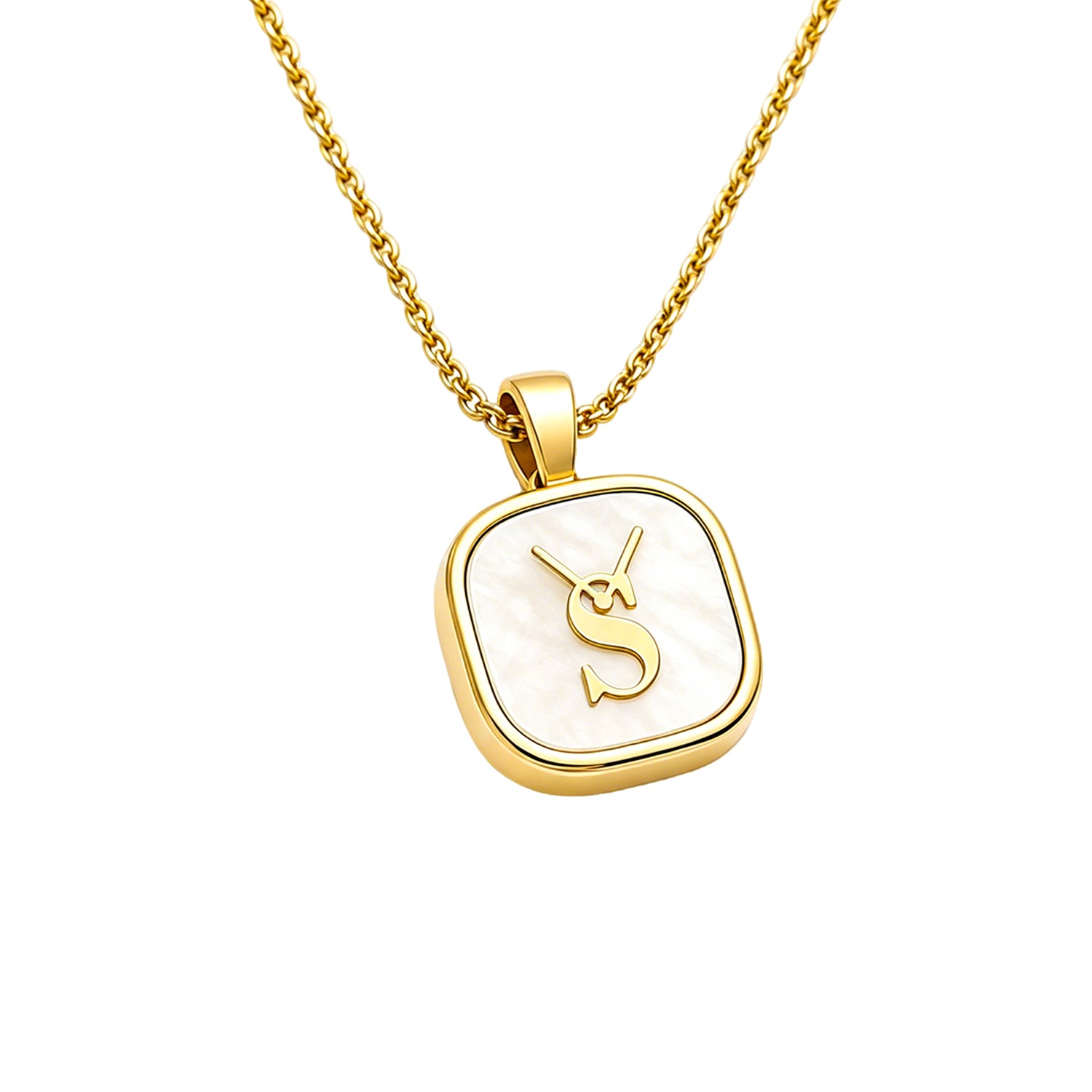 An elegant jewelry gift for her. Angled close-up view of the Savwatch gold necklace featuring a round mother of pearl pendant with the signature S logo