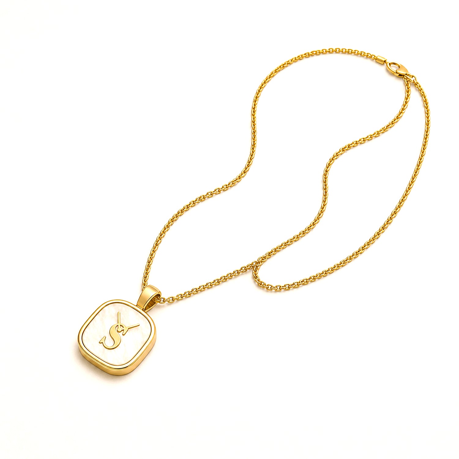 Full layout of the Savwatch gold rolo chain necklace with the mother of pearl S logo pendant. The ultimate anniversary gift for her
