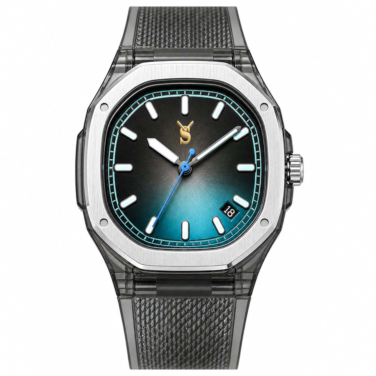 Watch with a blue gradient face and metallic band on a white background