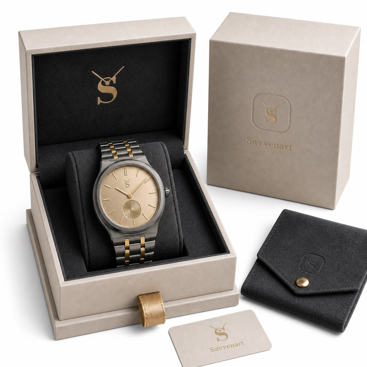Savwatch men's two-tone gunmetal and gold-plated wristwatch with a champagne sunburst dial, presented in a luxury grey presentation box with a matching warranty card and a velvet pouch