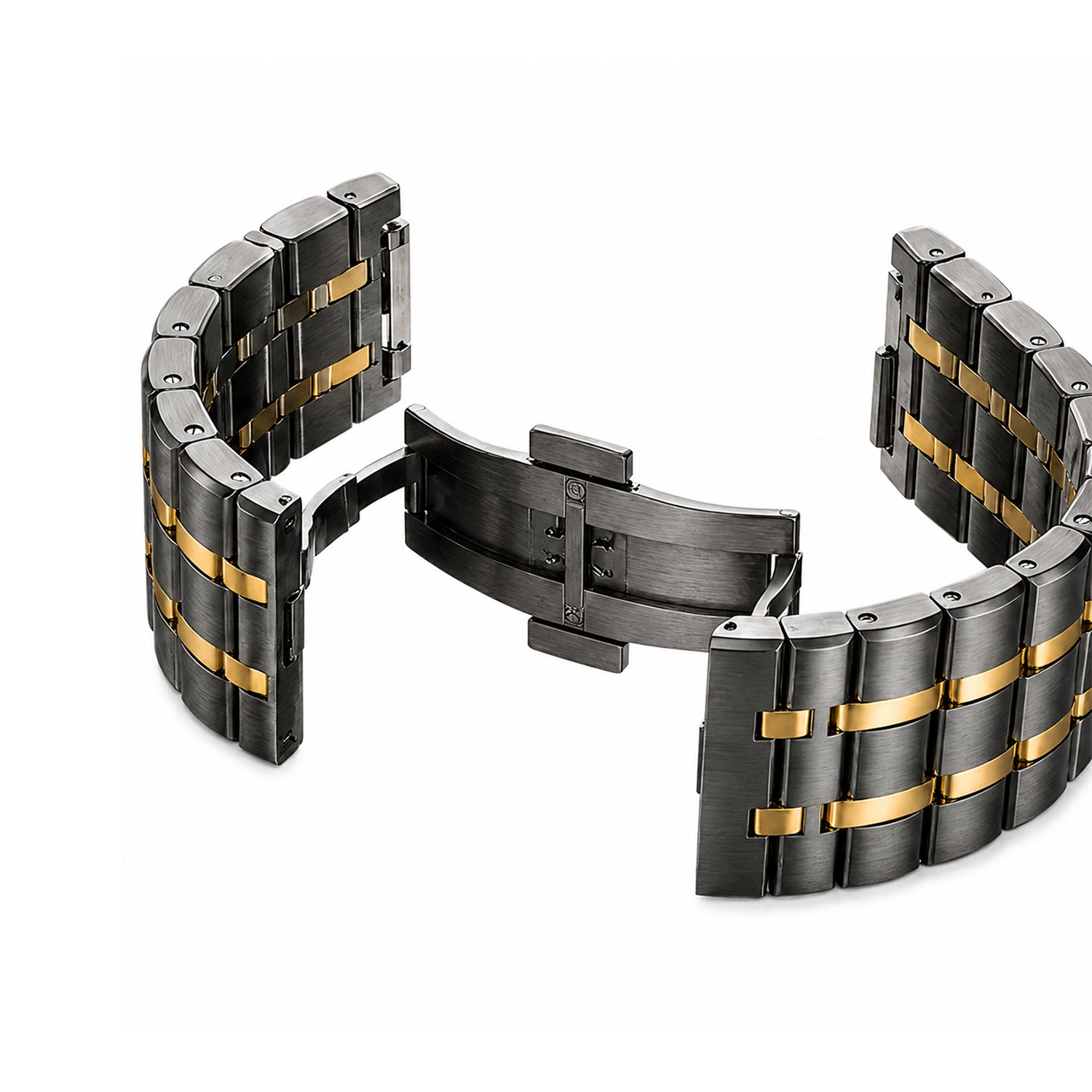 Close-up of the savwatch men's two-tone luxury watch bracelet, displaying the black and gold metal links and an open hidden butterfly clasp