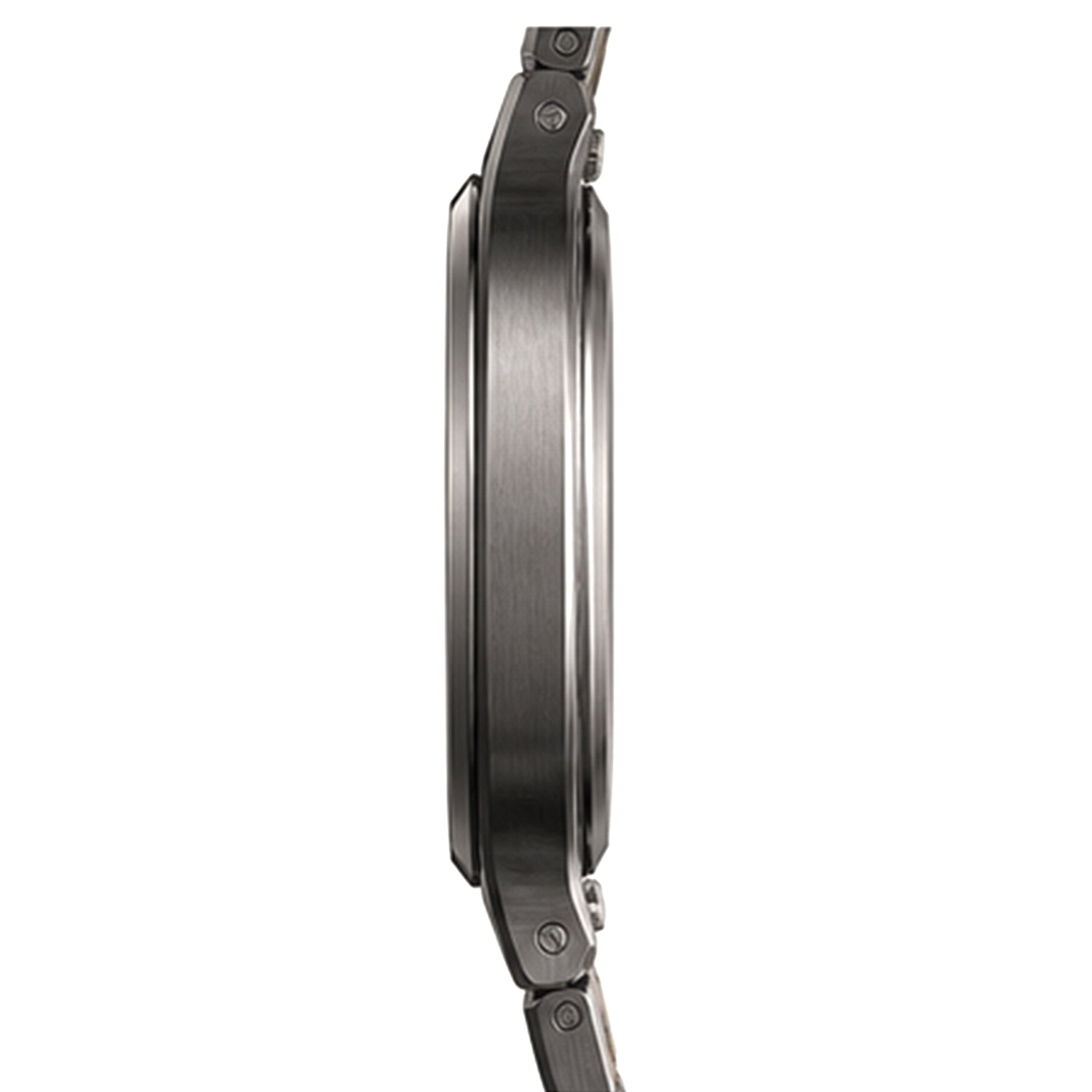 Left profile view of the savwatch men's two-tone luxury watch, highlighting the sleek, dark grey brushed metal case design