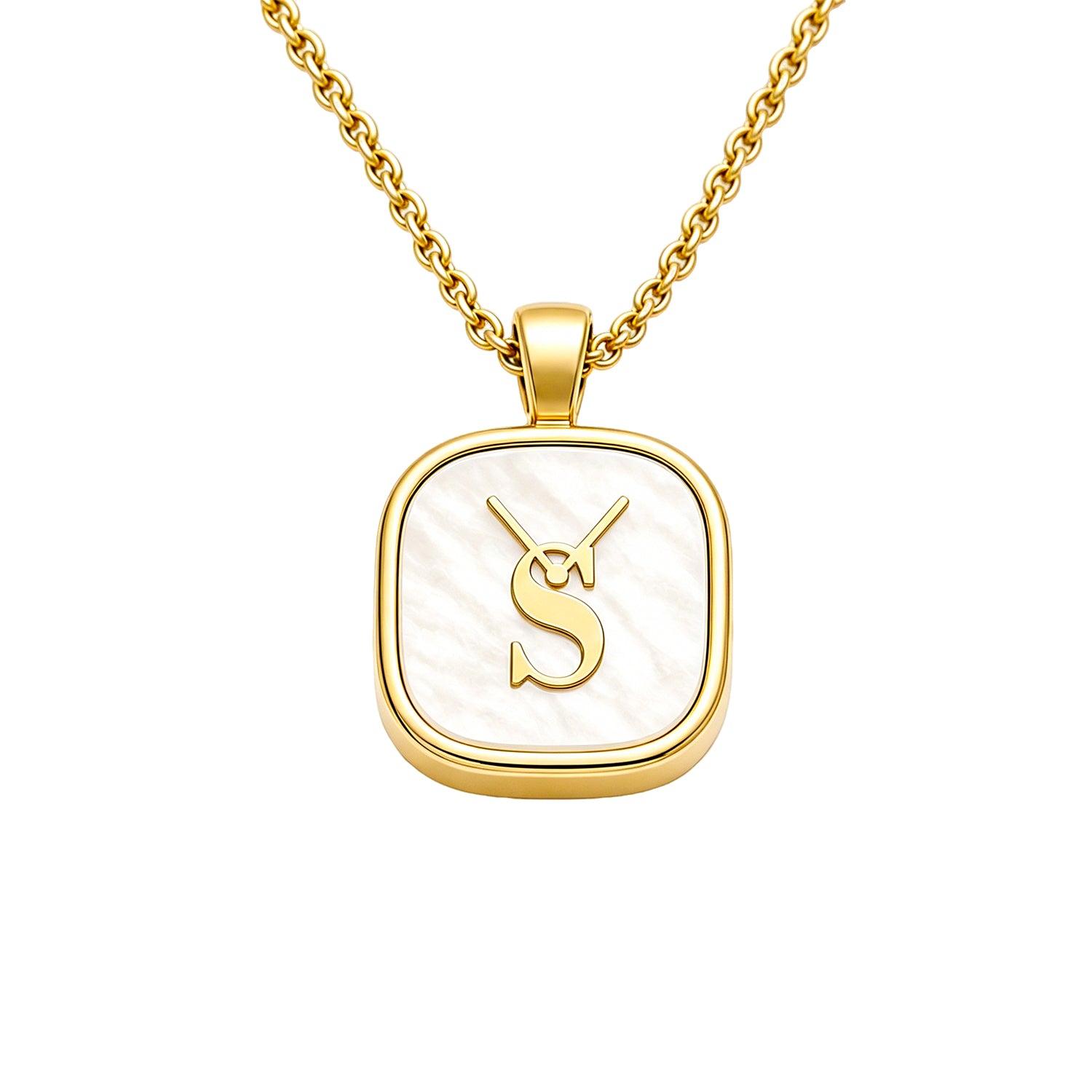 Straight-on front view of the Savwatch quintessential mother of pearl gold pendant with the iconic S signature. A timeless jewelry gift