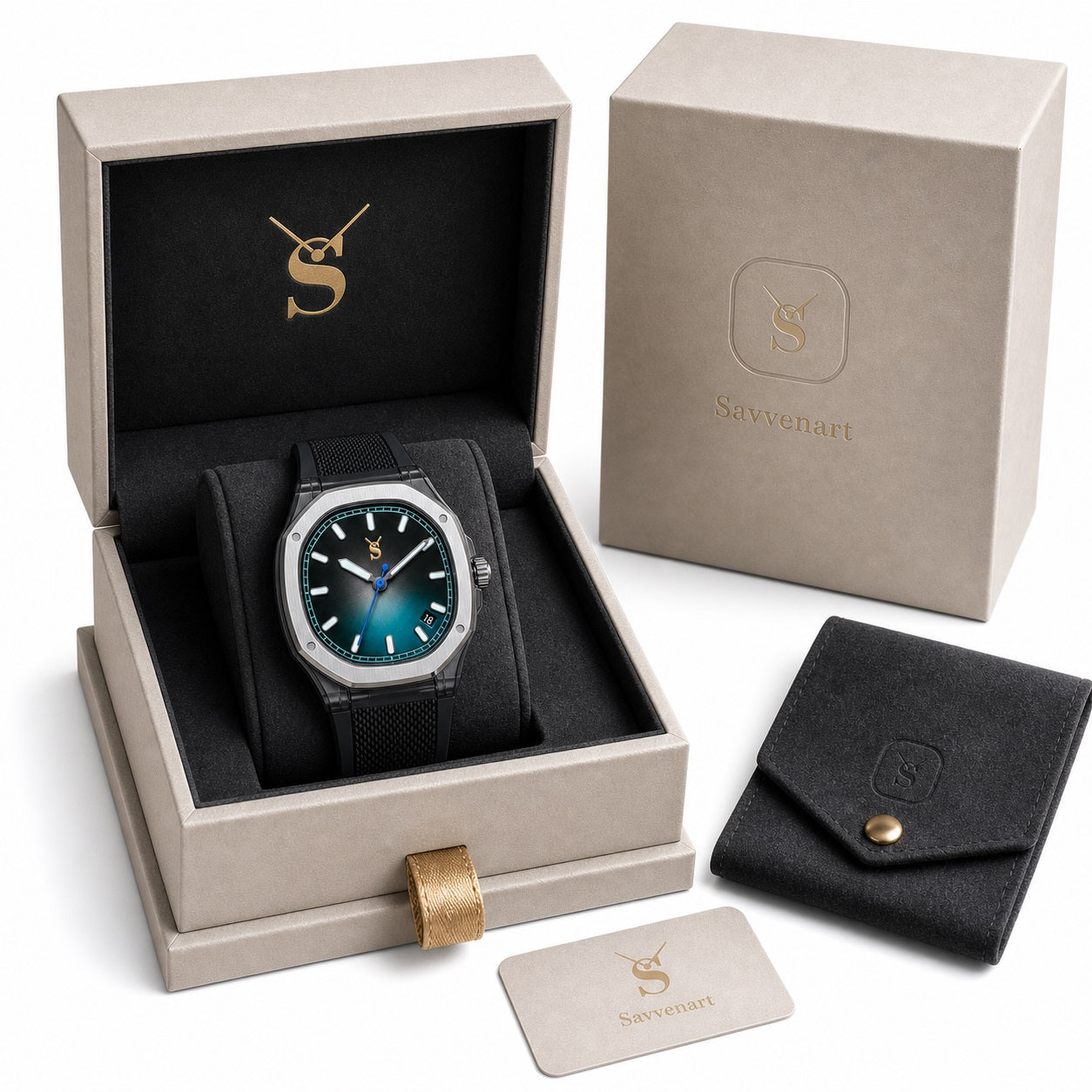 Watch in a branded box with a matching pouch and card on a white background