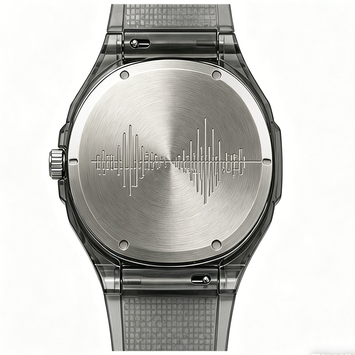 Silver watch with a detailed back cover on a white background