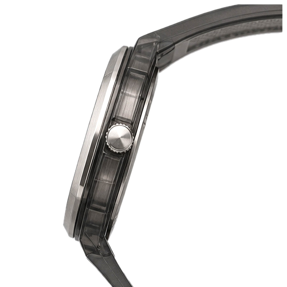 Close-up of a watch with a transparent case and black strap on a white background