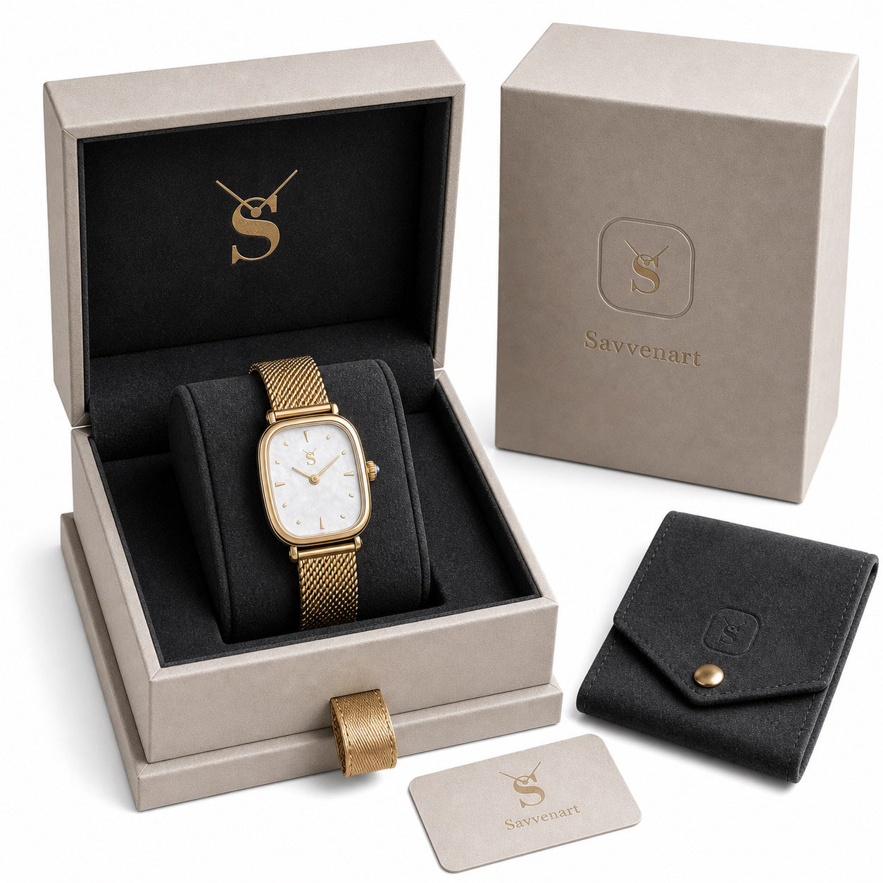 Savwatch women's all-gold stainless steel mesh wristwatch with a square mother-of-pearl dial and pearl crown, presented in a luxury grey presentation box with a matching warranty card and a velvet pouch