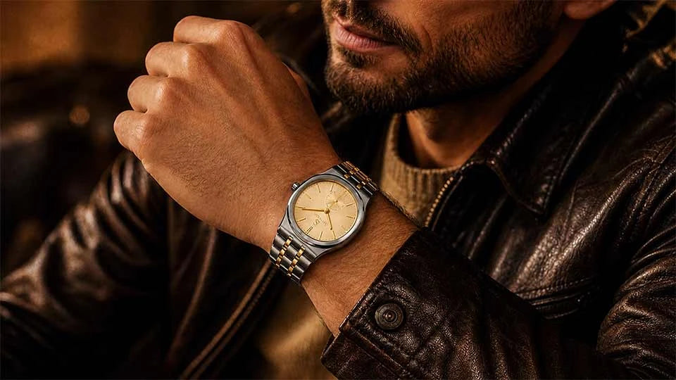 Heritage 1965 vintage amber watch on wrist