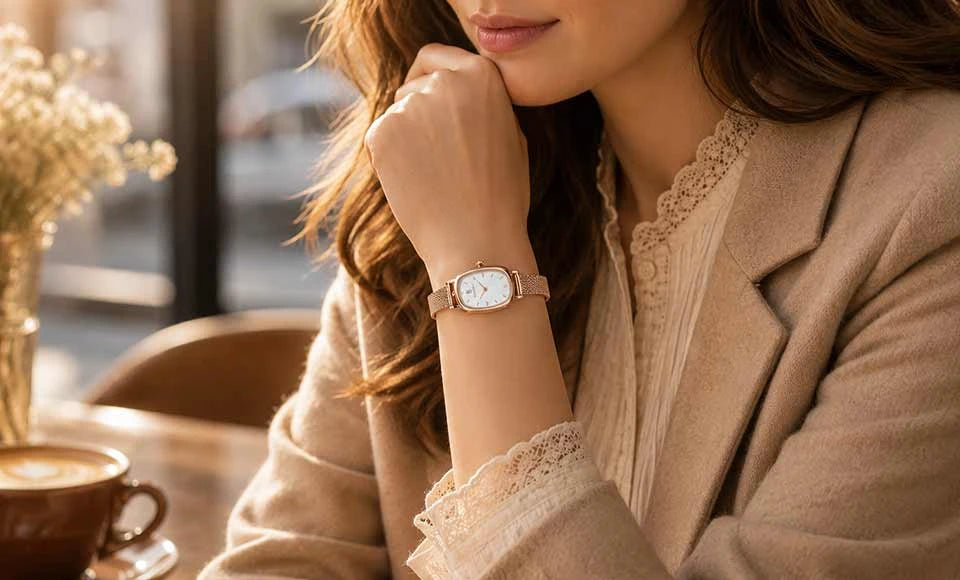 Rose Vintage watch on wrist at cafe